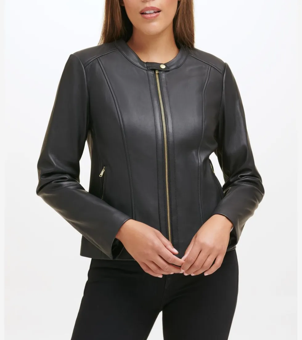 Cole Haan Leather & Suede Jackets|Outerwear*Women's Collarless Leather Jacket Black