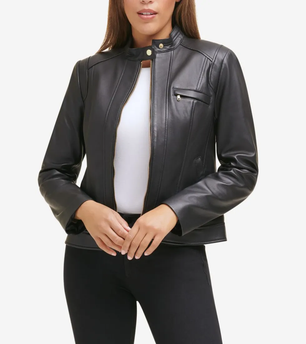 Cole Haan Leather & Suede Jackets|Outerwear*Women's Lambskin Leather Jacket Black