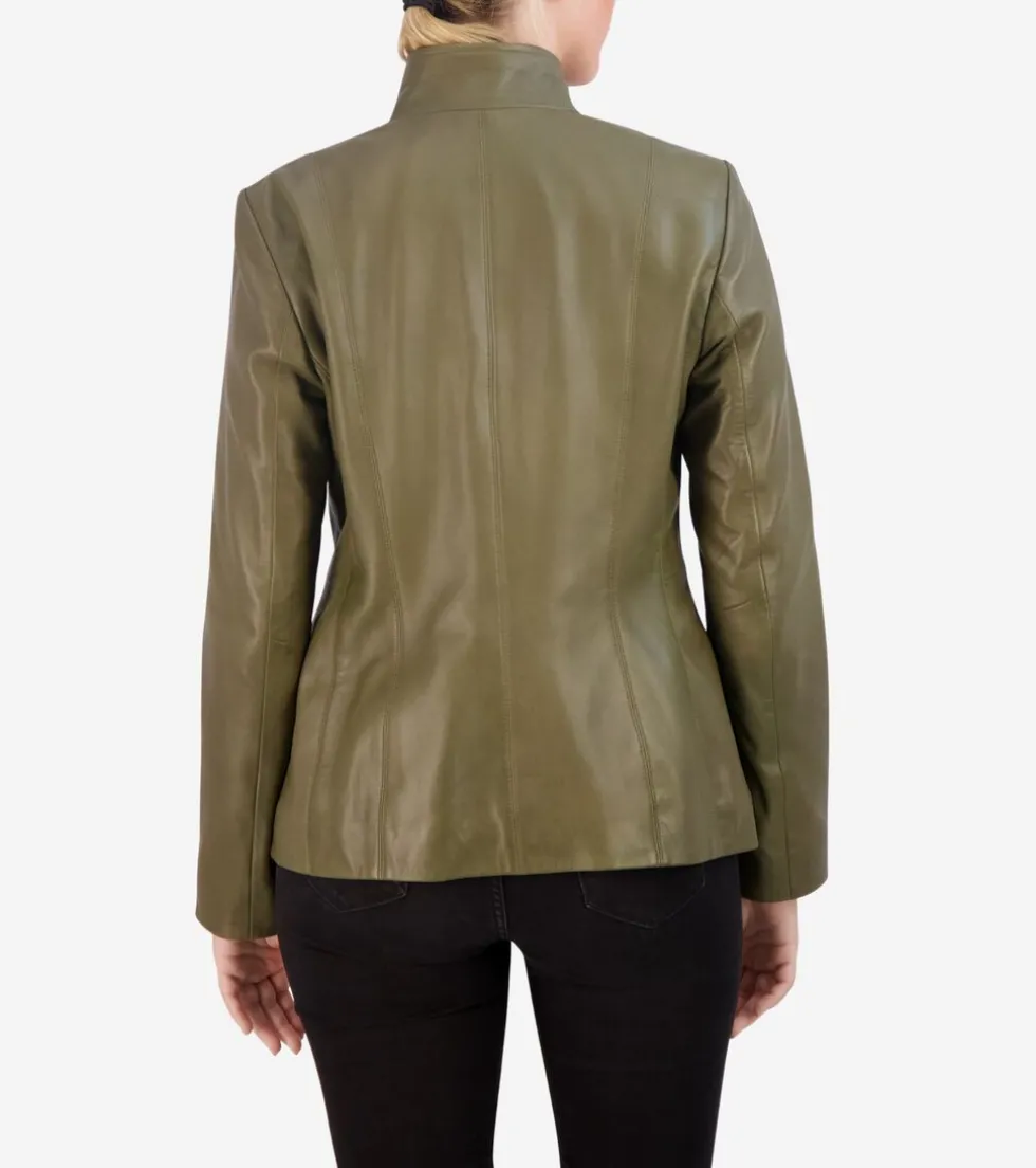 Cole Haan Leather & Suede Jackets|Outerwear*Women's Wing Collar Leather Jacket Sage